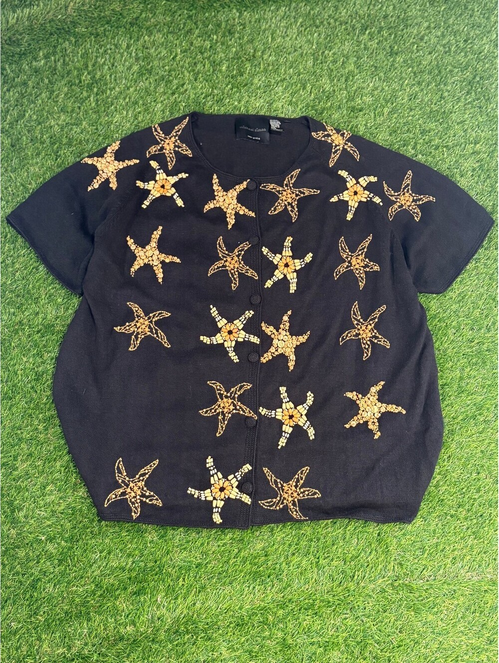 Michael Simon Black Starfish Embroidered Short Sleeve Sweater, Women's 3X